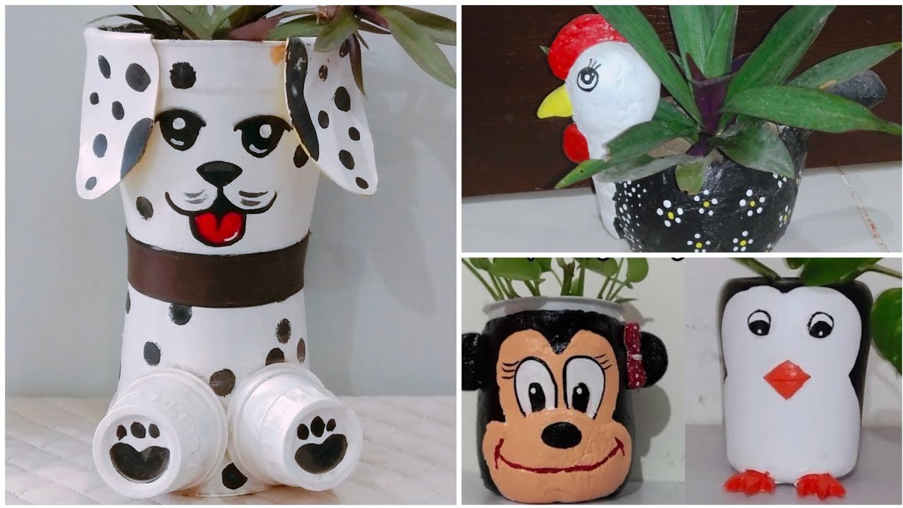 4 Easy Planter DIY Ideas 💡| Cute Dog | Penguin | Hen Planter | Minnie Mouse | Noorpreetcreativity