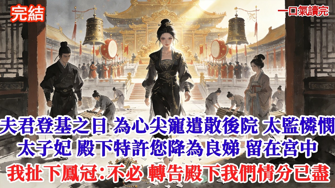 太子夫君登基之日，為心尖寵遣散後院。掌印太監憐憫道：「太子妃，殿下特許您降為良娣，留在宮中衣食無憂」我扯下鳳冠扔在階前：不必了，轉告殿下我們情分已盡#追妻火葬場#愛情#小說#古言 #有聲小說#情感故事
