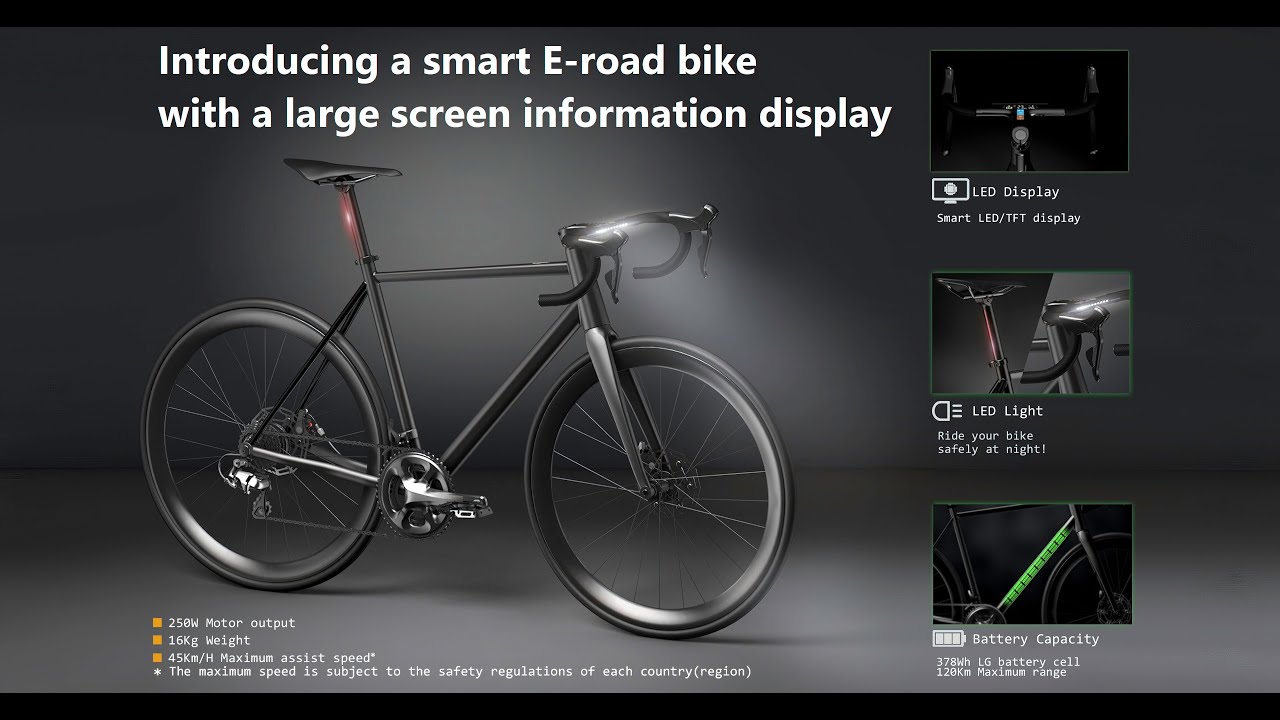 A smart E-Road bike with a large screen information display