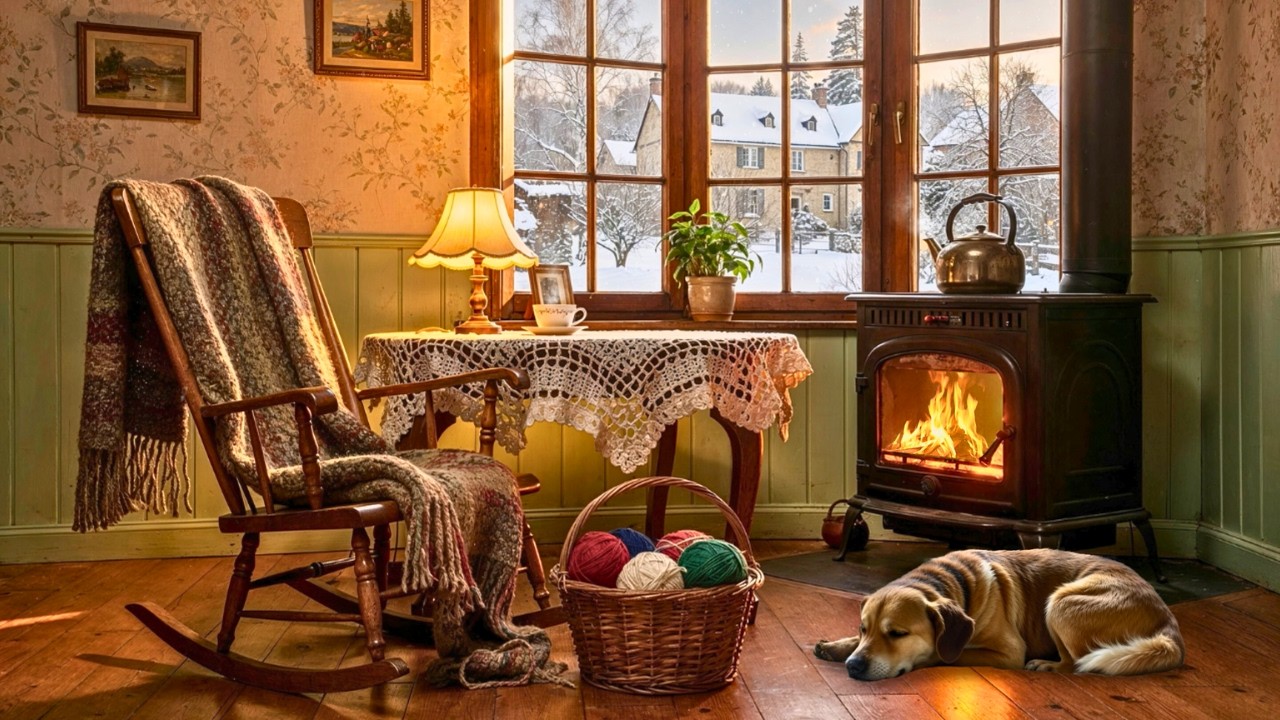 Cozy 1950s Snowy Winter Evening ❄️ Oldies Playing in Another Room | Vintage Fireplace Crackle
