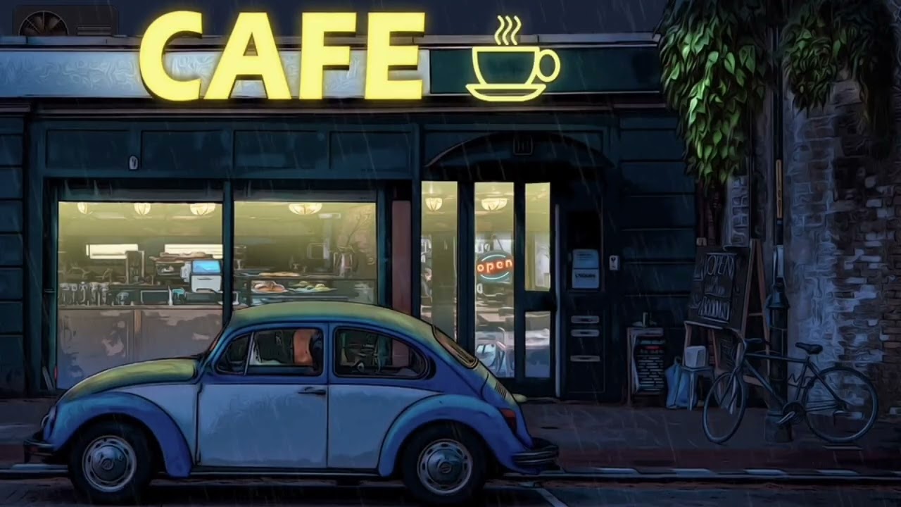 Night Rain Sounds  Relaxing Rain Outside a Cozy Café | Sleep・Study・Relax (1 Hour)