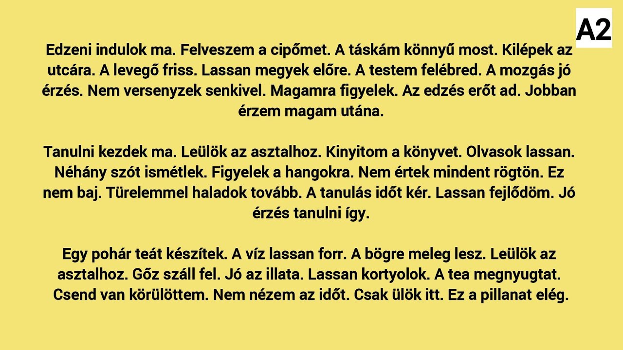 Slow Reading in Hungarian A2 / (HU/EN subtitles)  -  Edzeni indulok ma