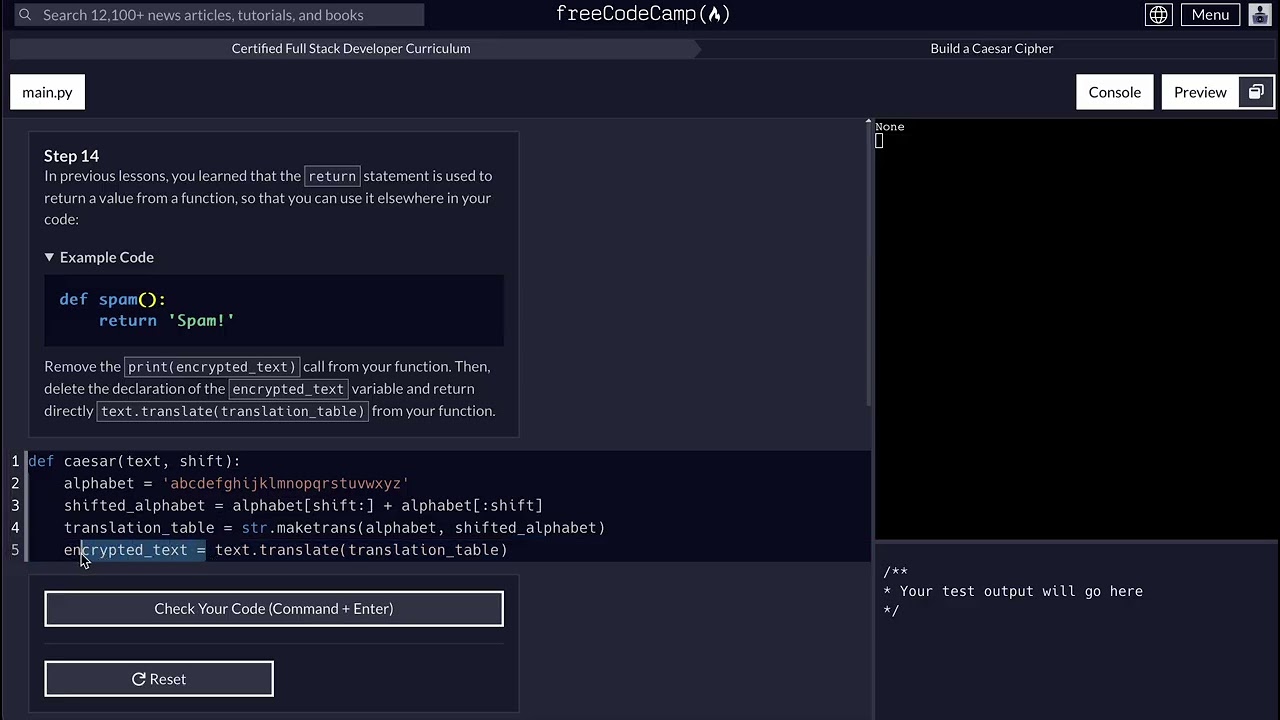 FreeCodeCamp - Python Project - Step 14 of 25 - Caesar Cipher