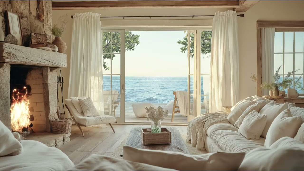 Coastal Fireplace Ambience with Crackling Fire & Ocean Waves ASMR for Relaxation & Focus