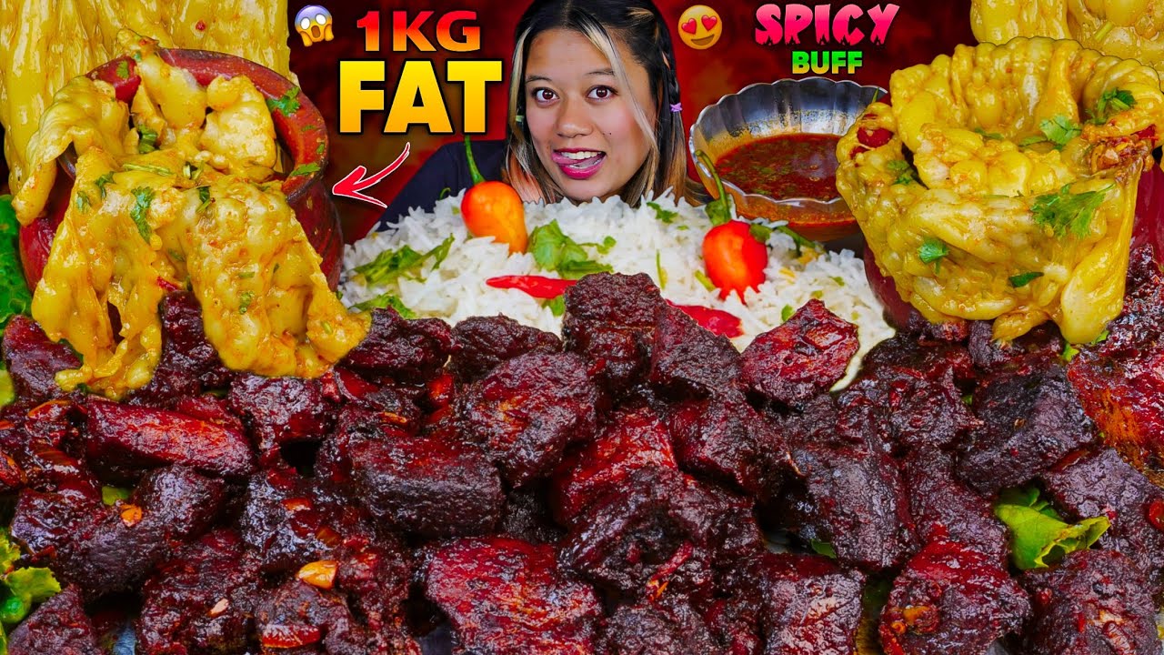 SPICY MUTTON FAT RECIPE+ MUKBANG || EXTREMELY OILY MATKA MUTTON FAT,RICE & FRIED BUFF CURRY MUKBANG🔥