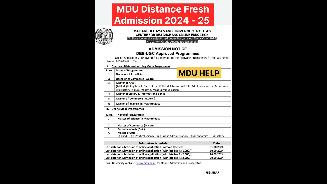 Mdu Distance Fresh Admission Last Date 2024 | Mdu DDE Fresh Admission 2024 #mdudistanceadmission2024