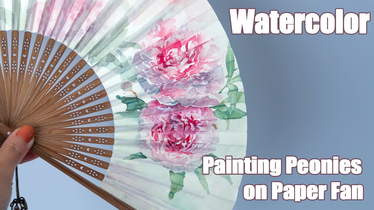 Painting Peonies on Paper Fan with Watercolour Timelapse