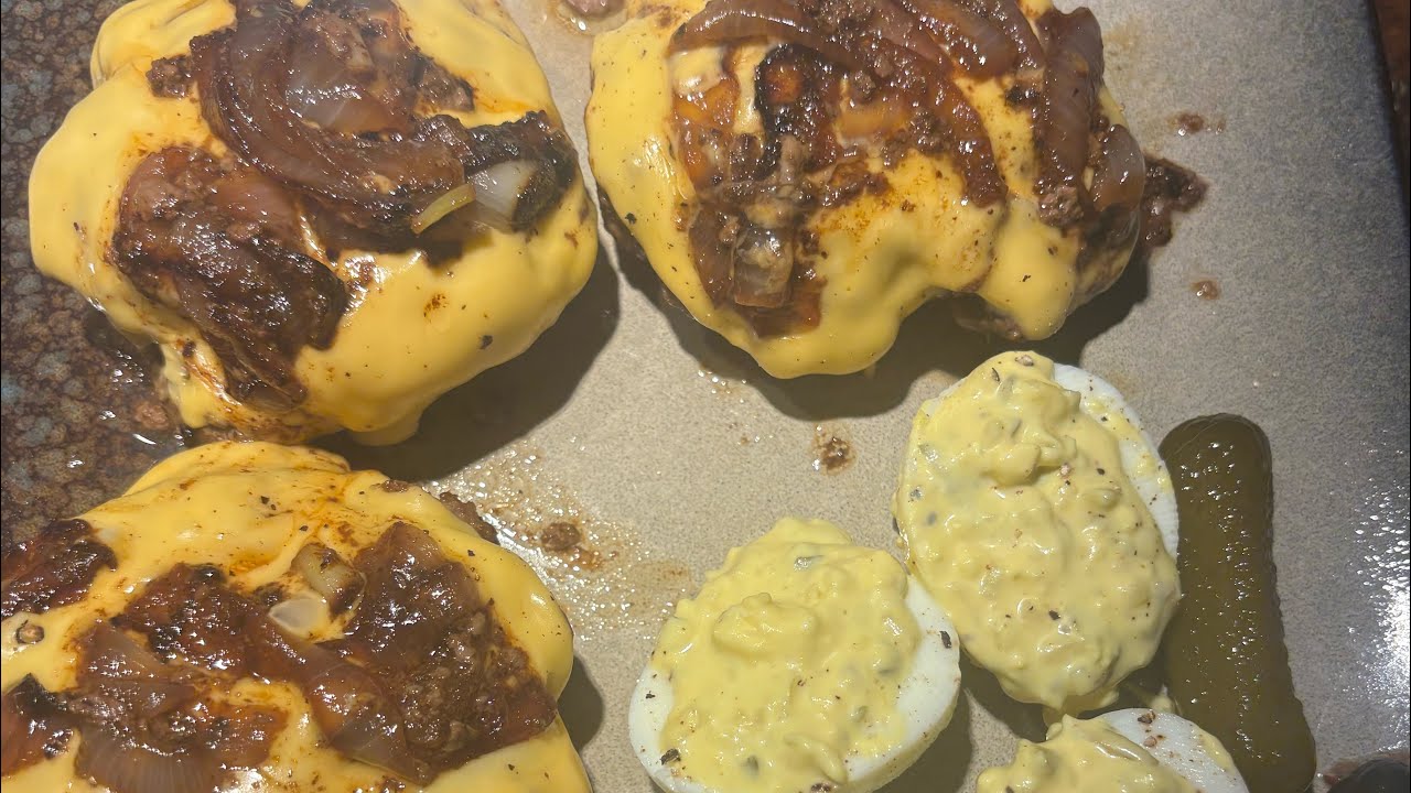 Southern style low carb meal Cheese Burgers with grilled onions