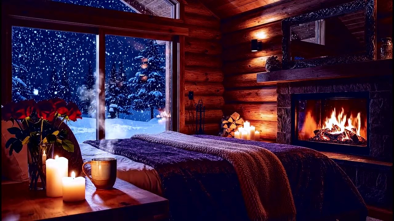 Winter Cabin Christmas Mood • Falling Snow & Soft Music Relaxation