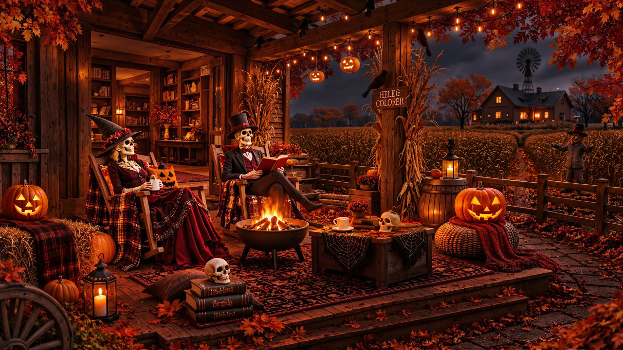 Halloween Autumn Jazz 🎃 Cozy Countryside Porch, Glow Pumpkin & Fireplace Ambience at Night