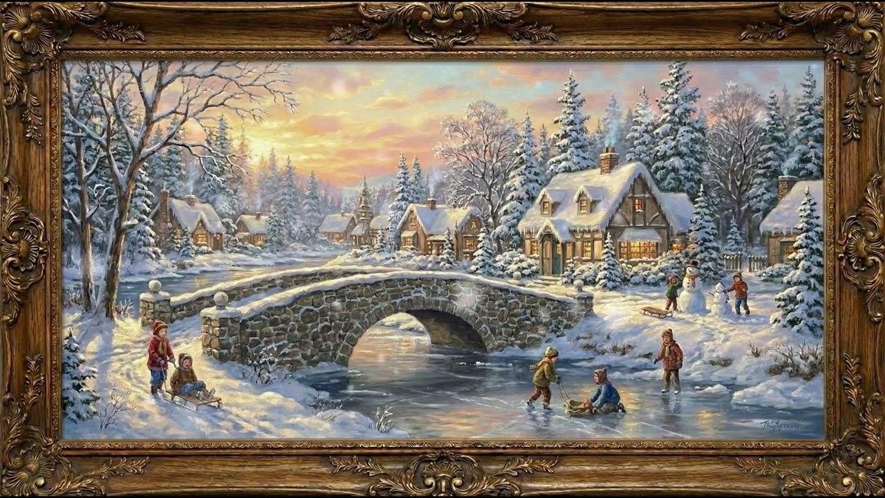 Silent 4K Snowy Winter Bridge Village Piano | Samsung Frame TV Art Ornate Frame | Falling Snow 3 Hrs