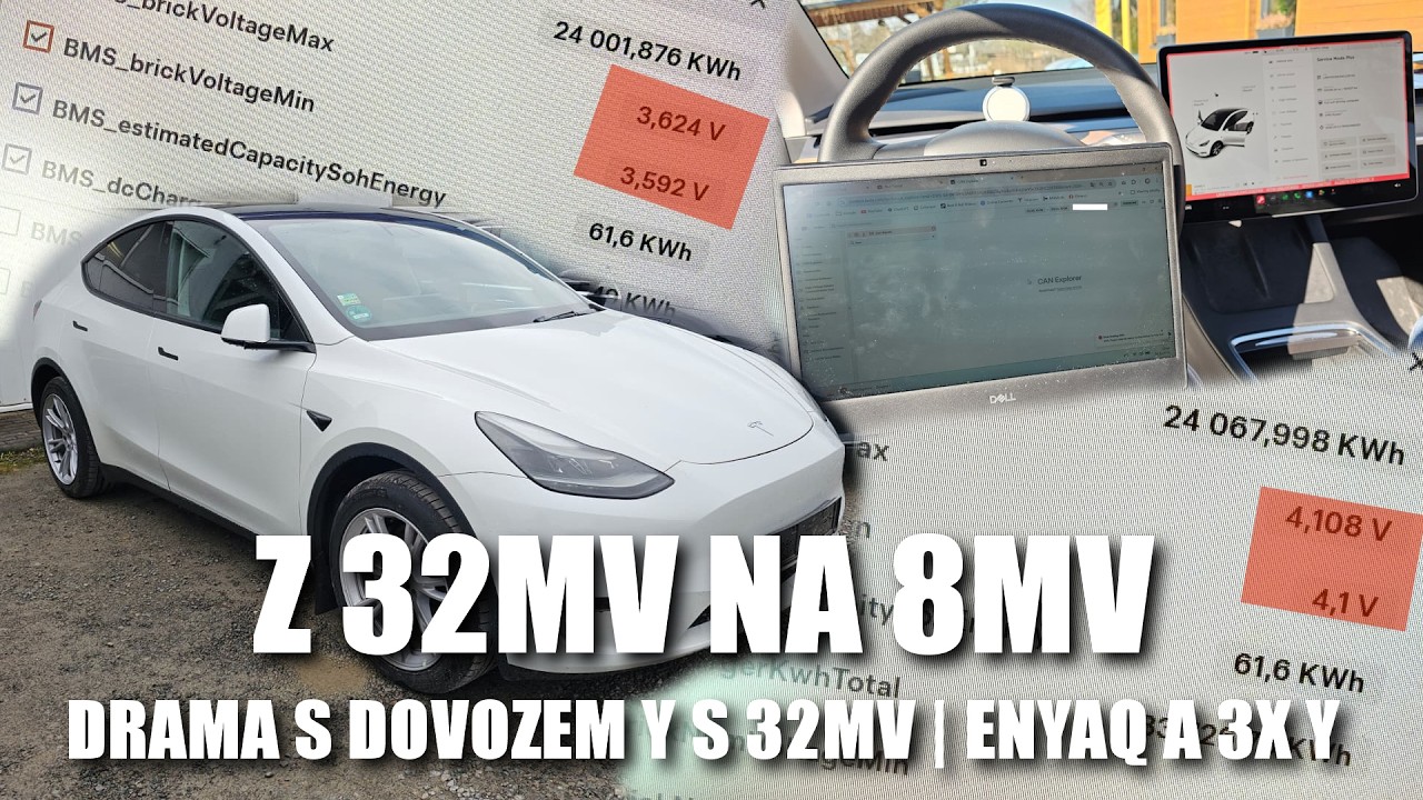 Drama s baterií Tesly! 3× Model Y, Enyaq a balancování článků z 32 mV na 8 mV