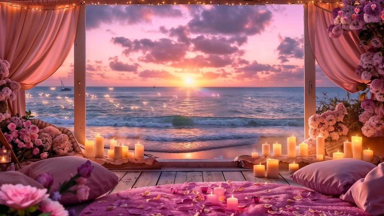 💗🌊 Dreamy Pink Valentine’s Sunset Beach 💕 Ocean Waves, Crackling Fire & Healing Love Music for Love