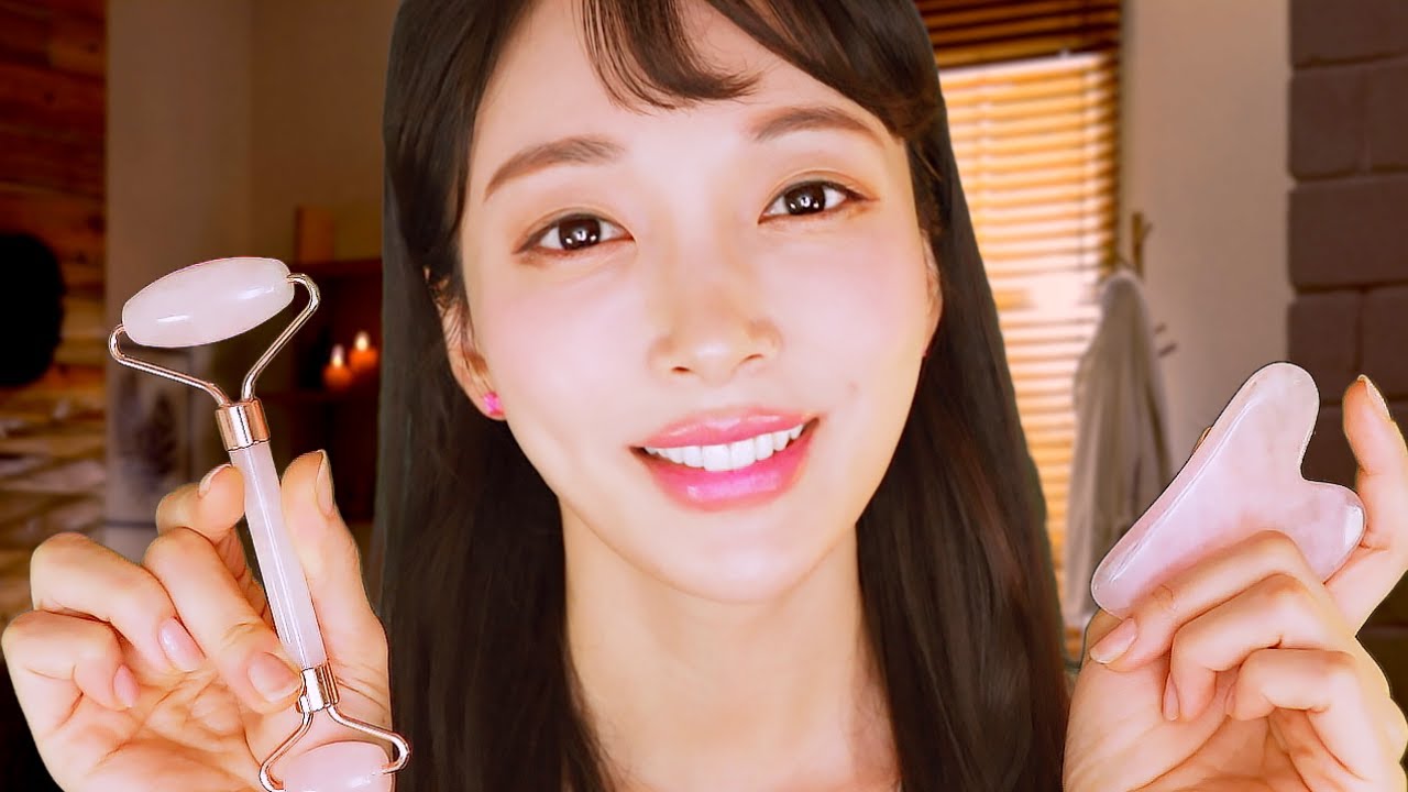 ASMR 포근한 스파 스킨케어🧡 괄사 마사지, 페이스 롤러로 시각 팅글 (후시녹음)