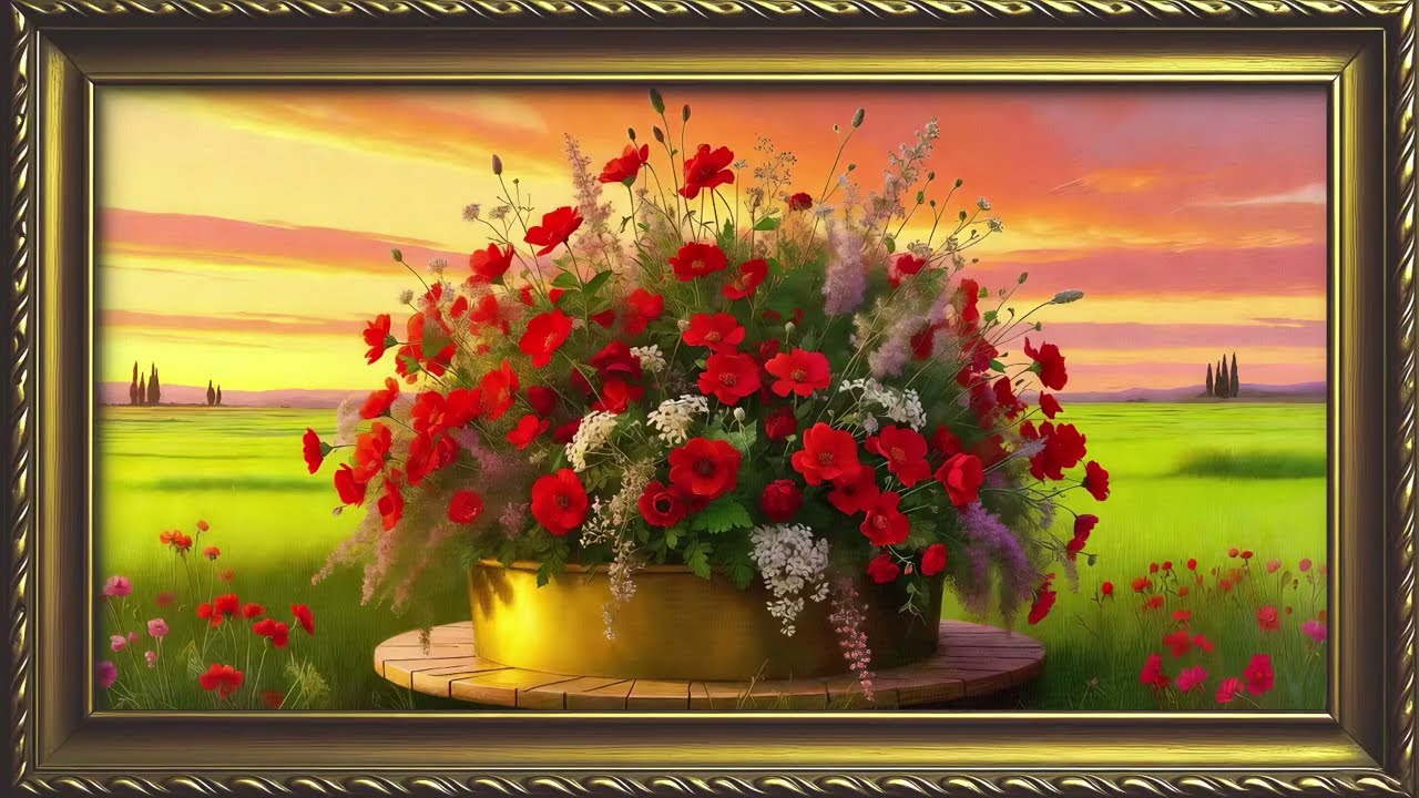 Red Flowers Bouquet Oil Painting | Vintage Gold Frame TV Art 4K | Ambient Screensaver & Home Decor