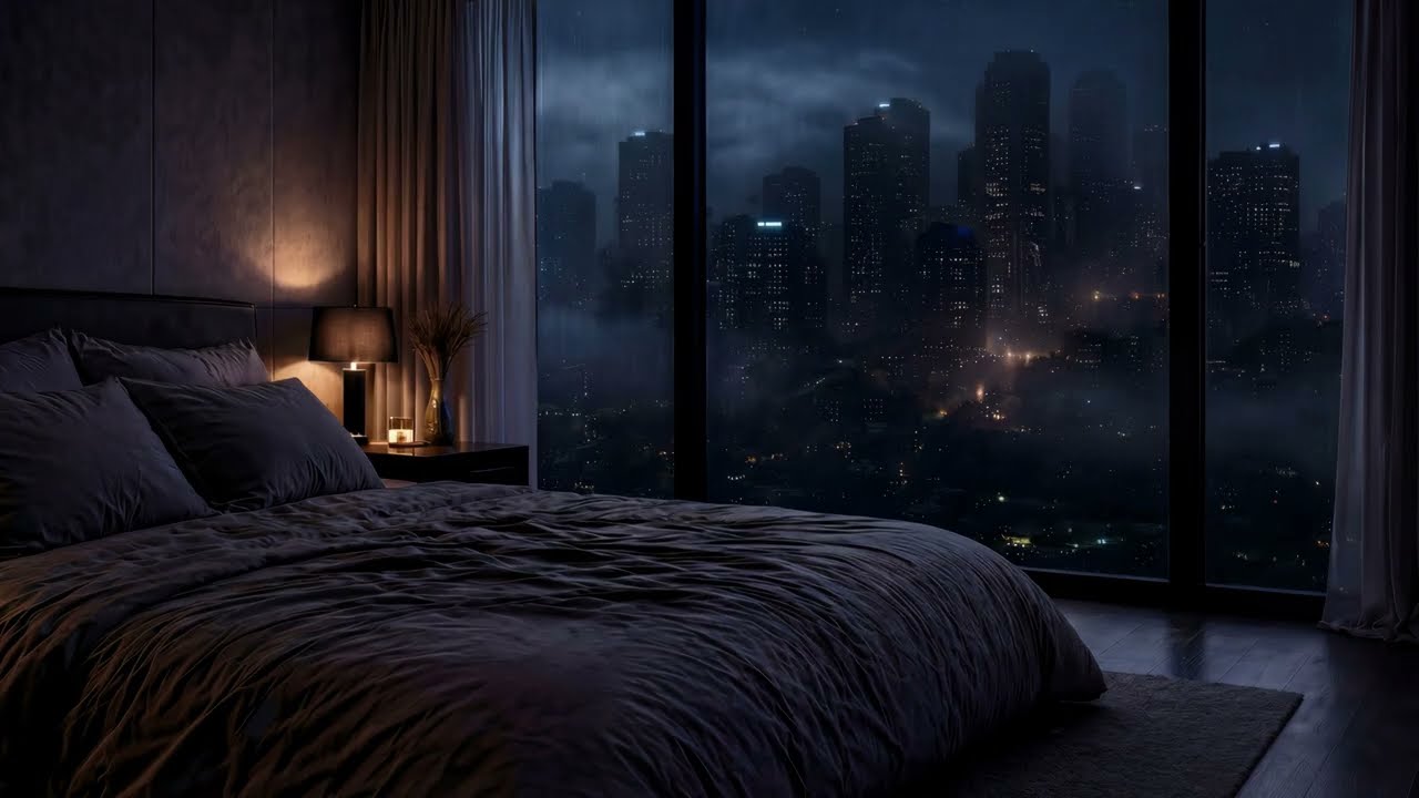 🏙️ Cozy Bedroom with City View at Night — Deep Sleep Ambience (No Music)