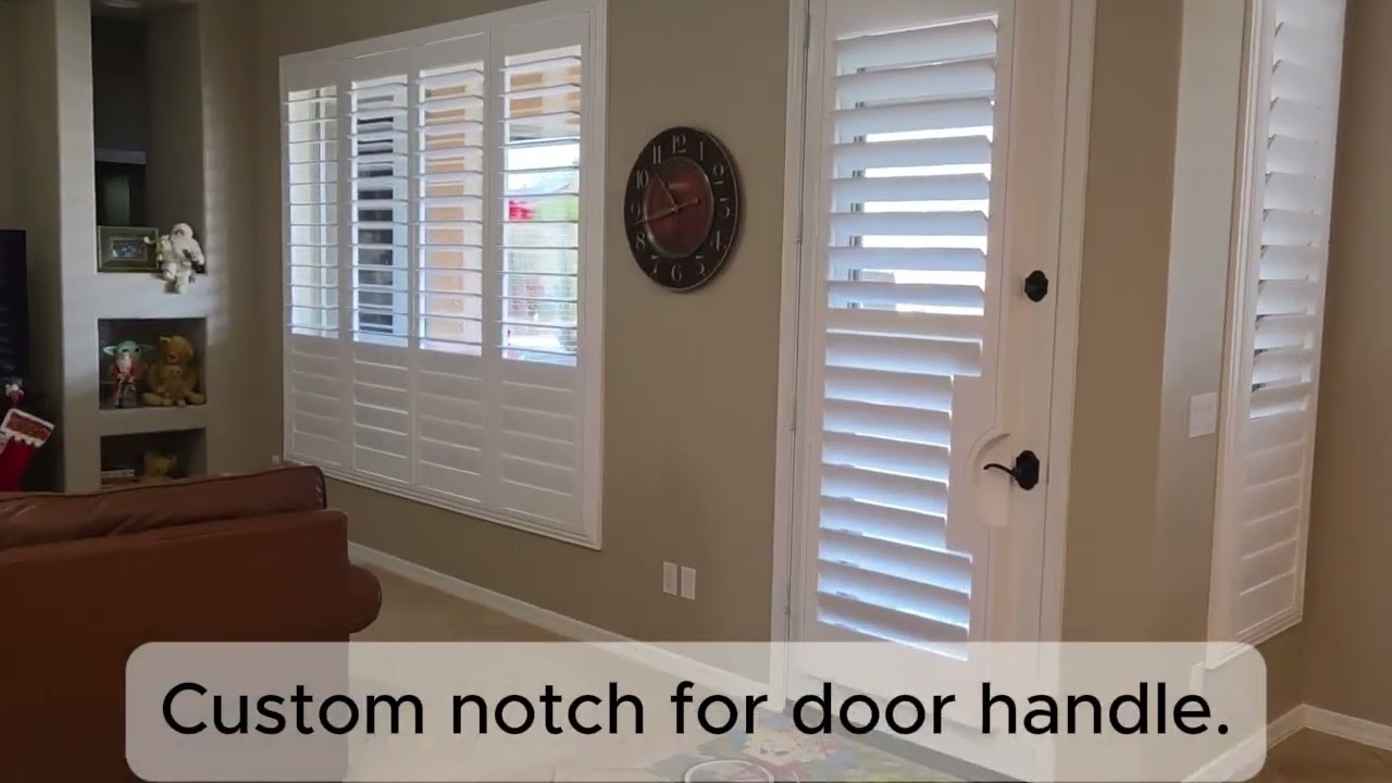Shutters with a notch for door handle on french door and offset tilt system.