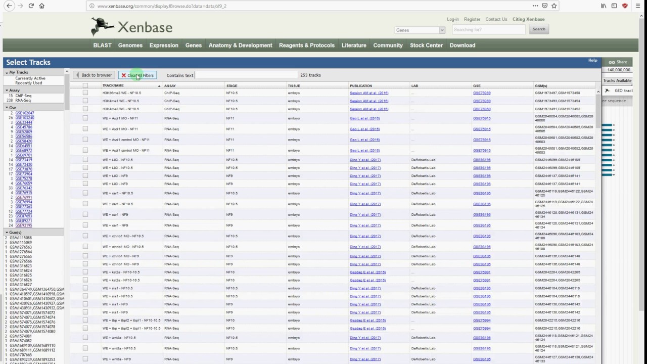 Xenbase JBrowse tutorial: Exploring GEO tracks with the faceted track selector