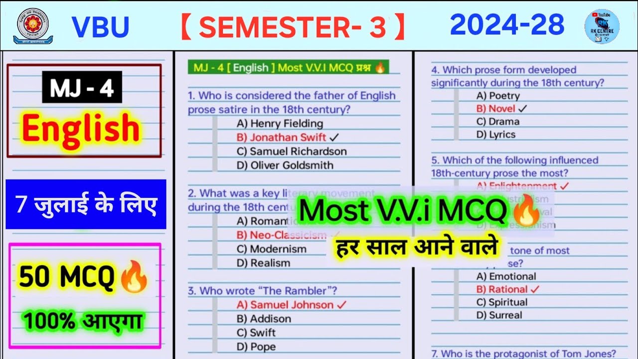 MJ 4 English Sem 3 Important MCQs 🔥 | MJ 4 English Semester 3 Important Questions RK Centre | Maj...