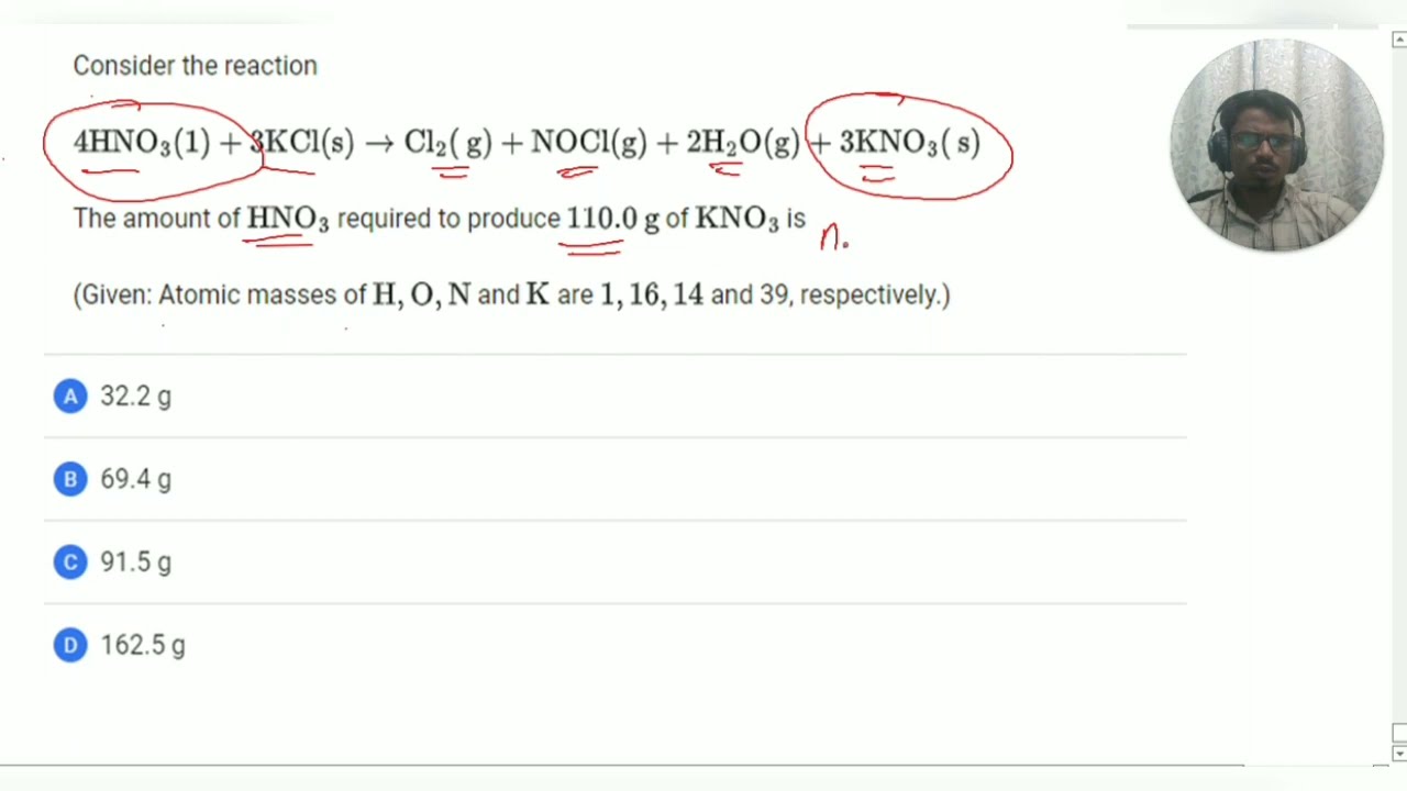 Consider the reaction,The amount of HNO3 required to produce 110g of  KNO3 is