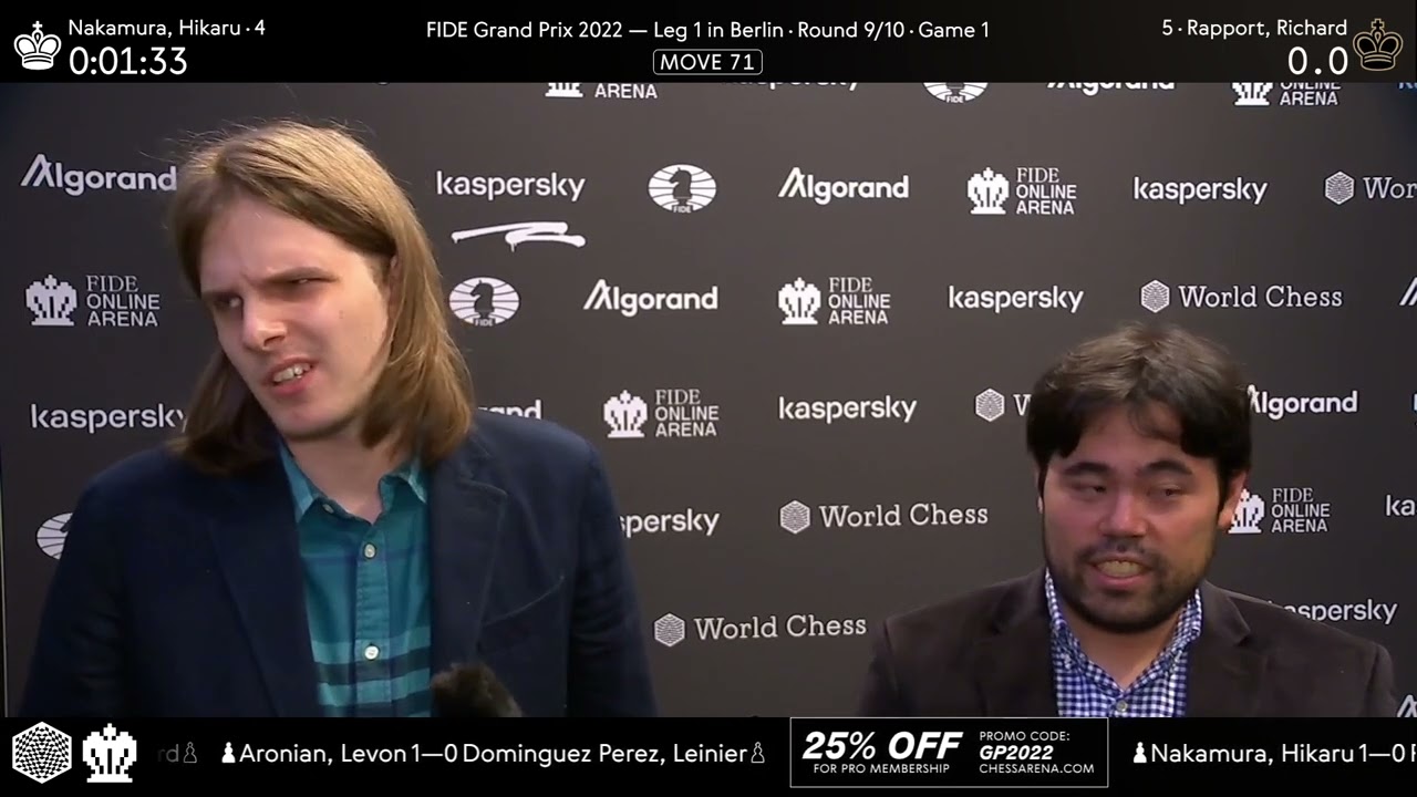 Hikaru Nakamura and Richard Rapport after the first semi-final of the FIDE Grand Prix 2022