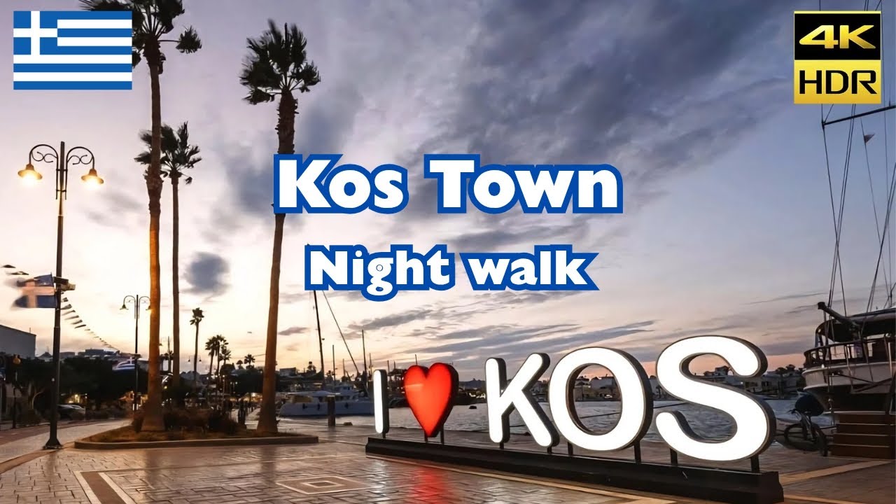 Kos Town, Greece Night Walking Tour 4K. No music, no talking just natural sounds ASMR