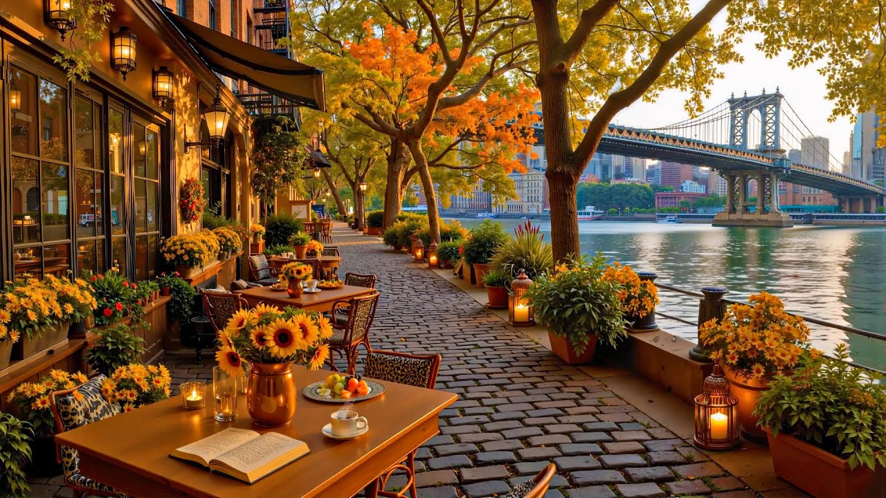 Autumn Jazz Cafe Ambience in New York ☕ Relaxing Riverside Morning Coffee by the Brooklyn Bridge 🍂