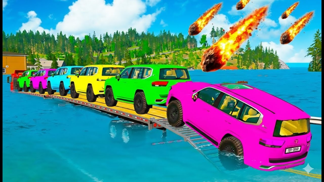 Triple Flatbed Trailer McQueen Transportation with Truck - Speedbumps vs Cars vs Train - BeamNG #85
