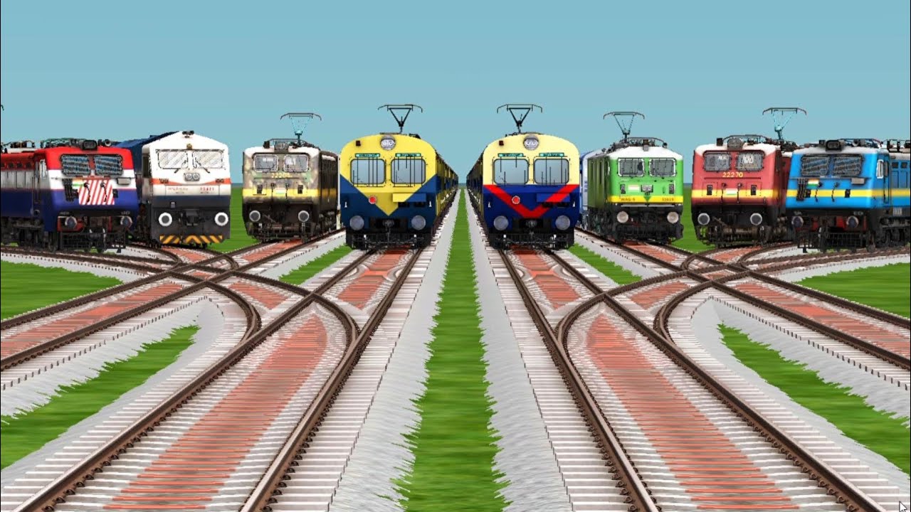 8 Indian Trains Crossing By Bumpy Branched Railroad Tracks || Train Gameplay || Train Simulators 