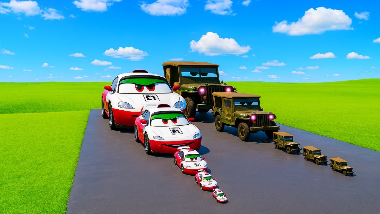 Giant Cars vs Tiny Army Jeeps | BeamNG Drive – Ultimate Size Battle!