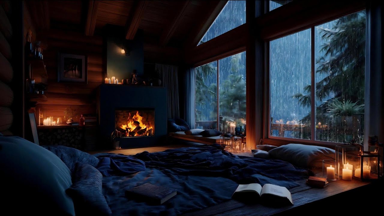 Cozy Night Inside • Heavy Rain on Glass with Occasional Thunder | Deep Rest Ambience
