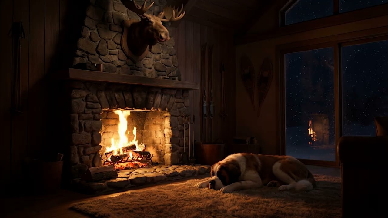 Cozy Winter Cabin Fireplace Crackling Fire Sounds for Sleep with Sleeping Dog (1 Hour)