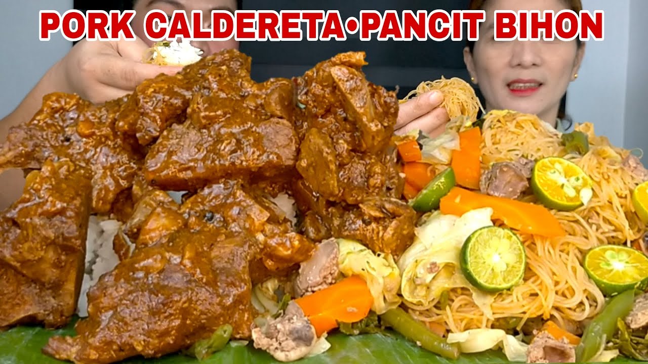 PORK CALDERETA AT PANCIT BIHON MUKBANG | MUKBANG PHILIPPINES | FILIPINO FOOD MUKBANG