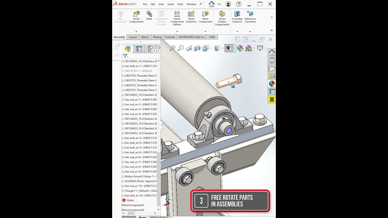 Свободное вращение деталей и подсборок в родительской сборке в SolidWorks