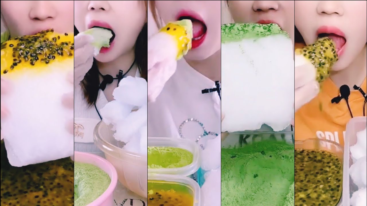 ASMR ice eating | Qian ice eating with matcha powder and passion fruit | Ice Lover