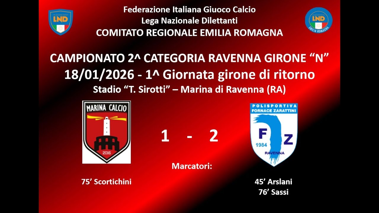 18/01/26 – 2^ Cat. RA Gir. “N” - 01^ G. Rit. – MARINA CALCIO vs FORNACE ZARATTINI 1-2 SINTESI
