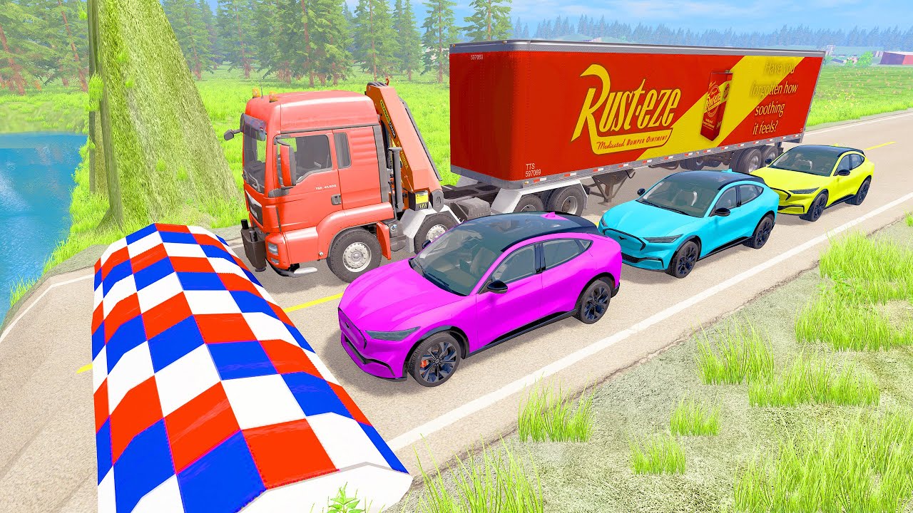 HT Gameplay Crash # 3 | Double Flatbed Trailer Truck vs Speed Bumps - Cars vs Giant Pit Potholes