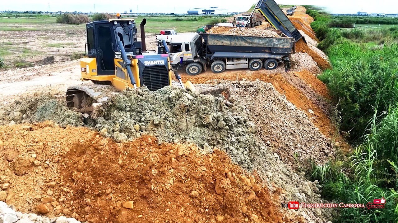 Nicely Side Landfill Completes ! Massive Dump Truck Dumping Soil & Skills Bulldozer Pushing Soil
