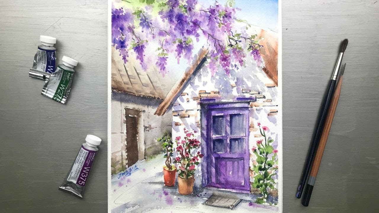 How To Paint Lovely Cottage With Wisteria ｜ Tutorial  ｜ Watercolor