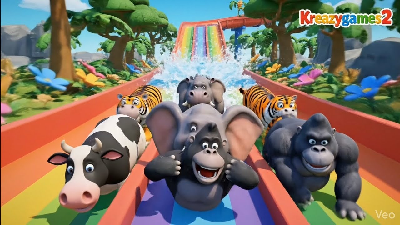 Long Slide Game with Cow Elephant Gorilla Hippopotamus Tiger 3d Animal Game Funny 3d Animals