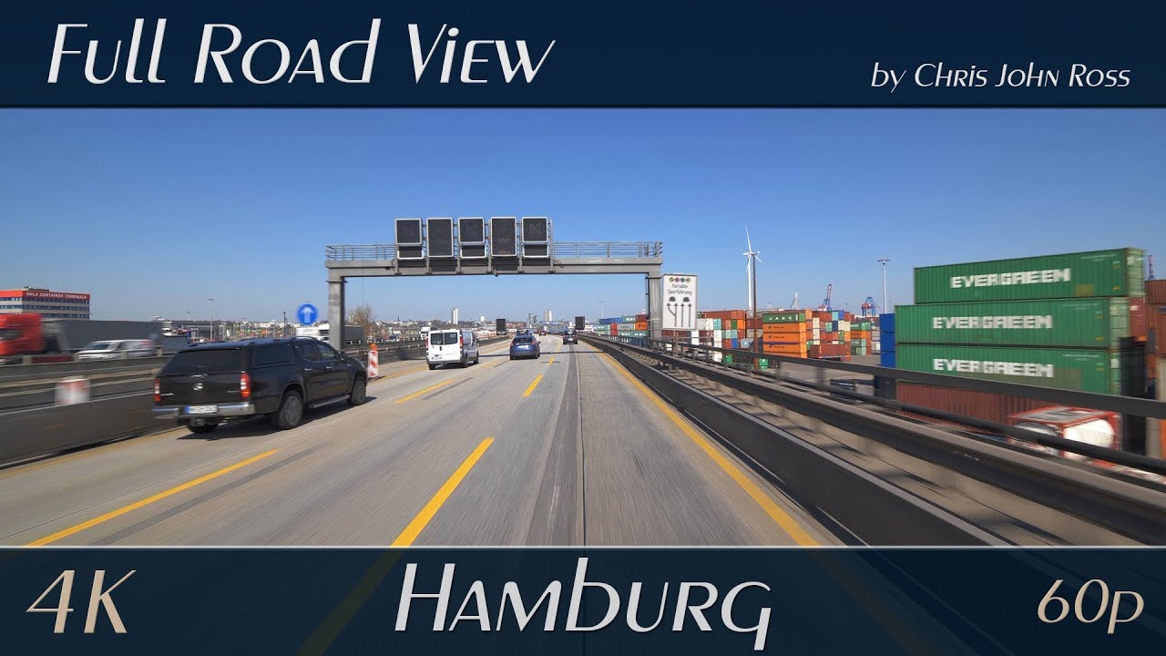 Hamburg, Germany: Waltershof - Finkenwerder Straße, Autobahn (A7) - 4K (2160p/60p) Ultra HD