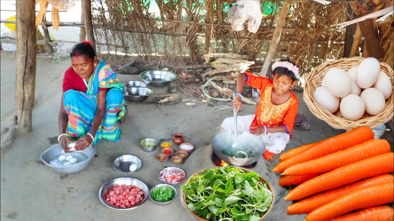 EGG CARROT CURRY and SHAK VAJI cooking for lunch eating by santali grandmaa with little girl