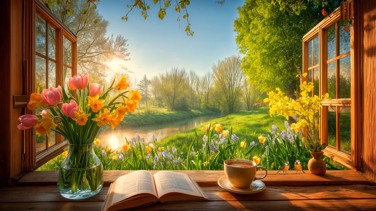 Spring Sunrise Window Ambience ☀️ Coffee, Book and Calm Morning ASMR