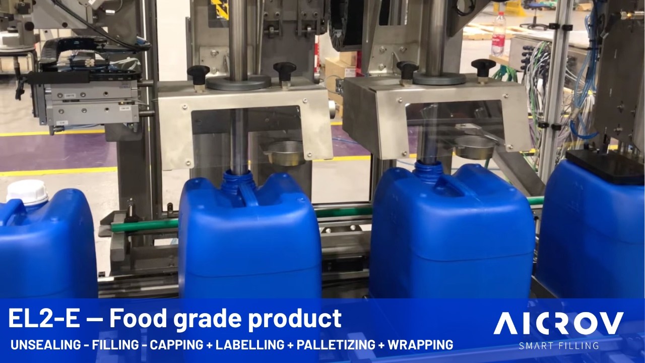 AiCROV – EL2-E – Automatic Jerrycan Filling Machine with Robot Palletizer and Wrapping Machine