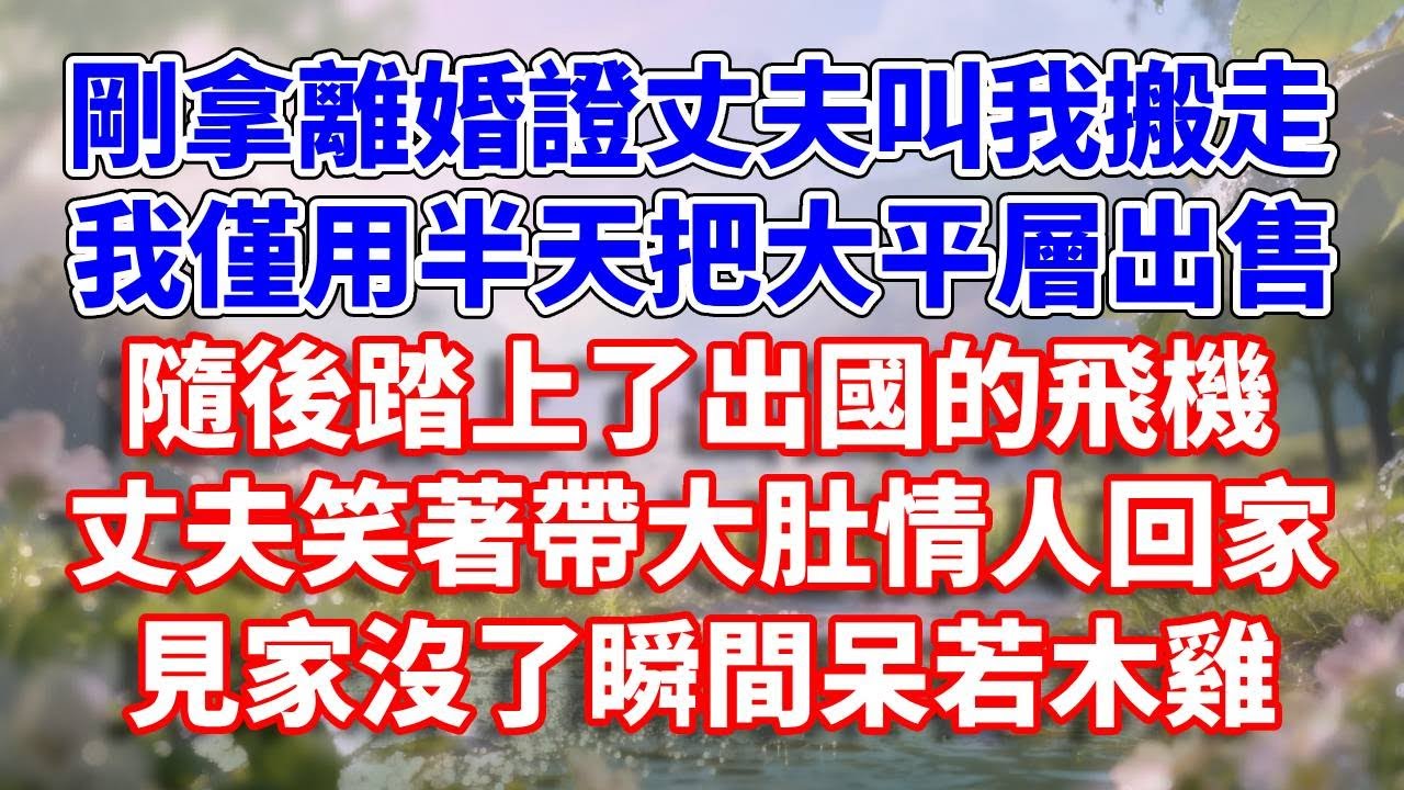 剛拿離婚證丈夫叫我搬走，我僅用半天把大平層出售，隨後踏上了出國的飛機。丈夫笑著帶大肚情人回家，見家沒了瞬間呆若木雞#完結 #情感故事 #一口氣看完 #為人處世
