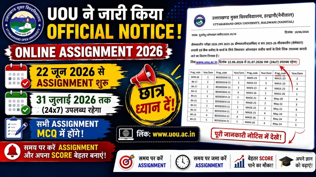 इस दिन से होंगे आप सभी के  ASSIGNMENT , uou assignment 2026,  uttarakhand open University #uou 