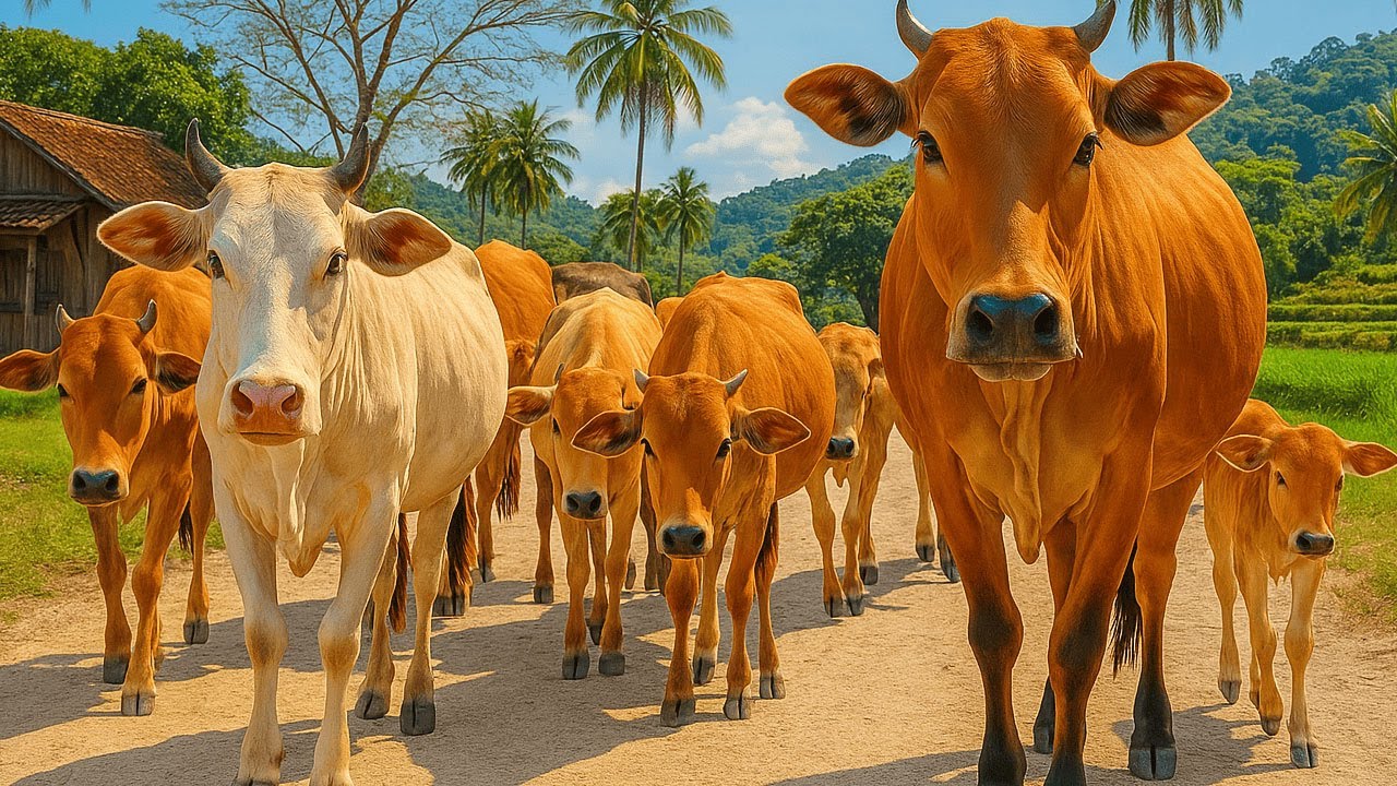 Video kawanan lembu sapi kampung jinak berjalan pulang menyusuri jalan hutan menuju kendang