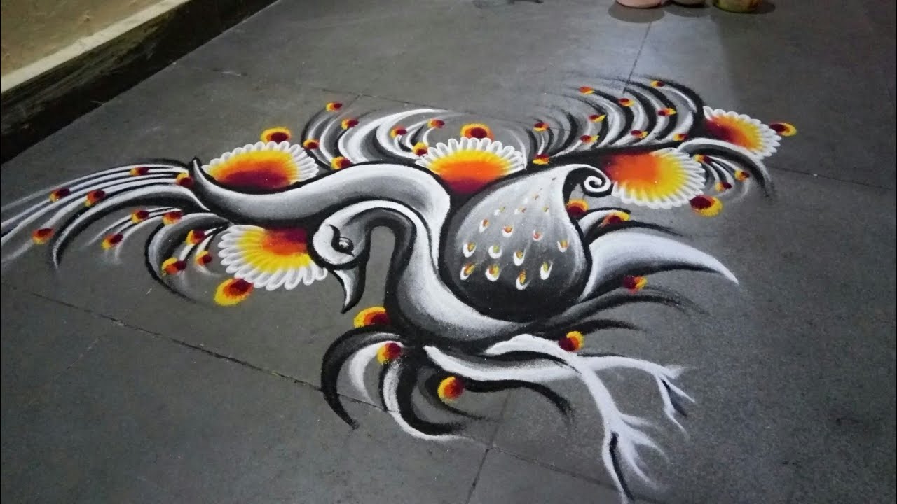 Peacock rangoli in Black and white shade