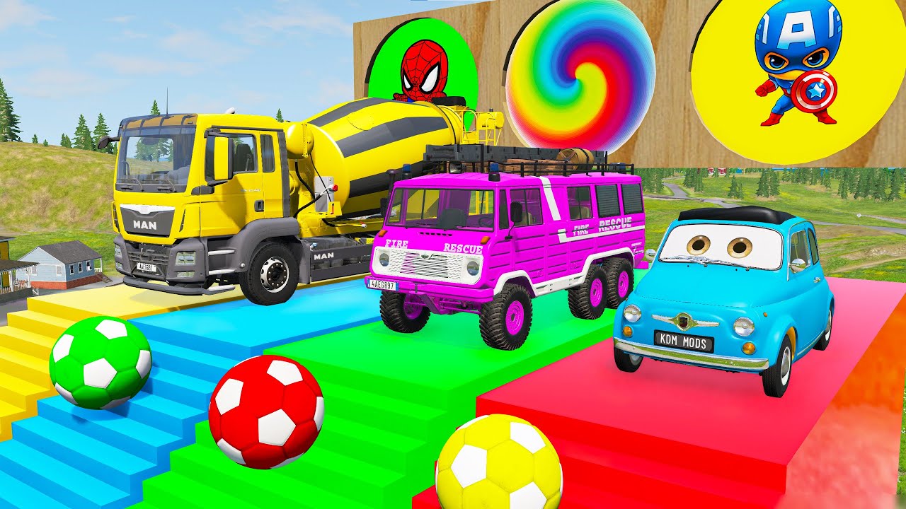 BeamNG Drive - Funny Cars vs Stair Color with Portal Trap - Cars vs Trains