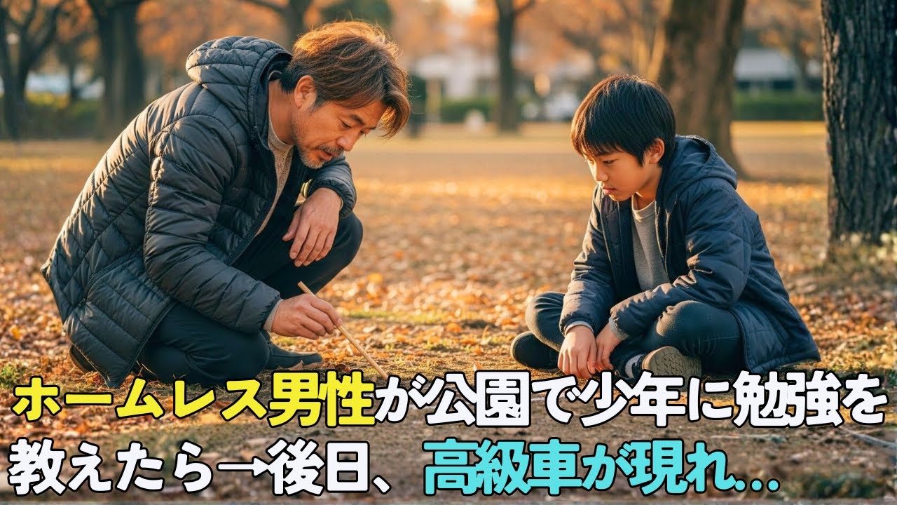 会社の上司に裏切られホームレスになった男性が公園で泣いている少年に勉強を教えてあげたら→3週間後、黒塗りの高級車が現れて…【感動する話】